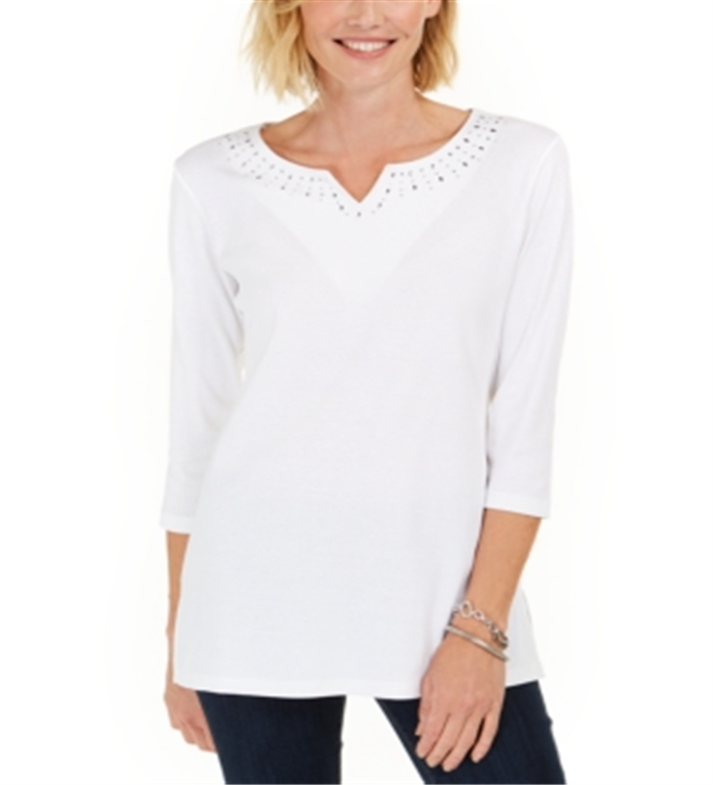 Karen Scott Top Feminino de Algodão com Tachas e Gola Dividida, Branco, Tamanho XS