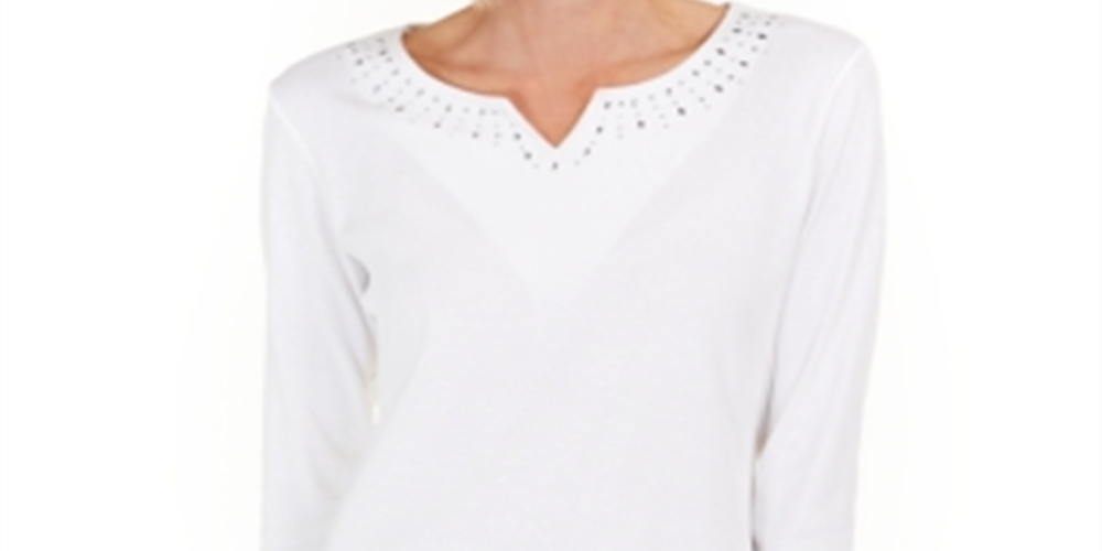 Karen Scott Top Feminino de Algodão com Tachas e Gola Dividida, Branco, Tamanho XS