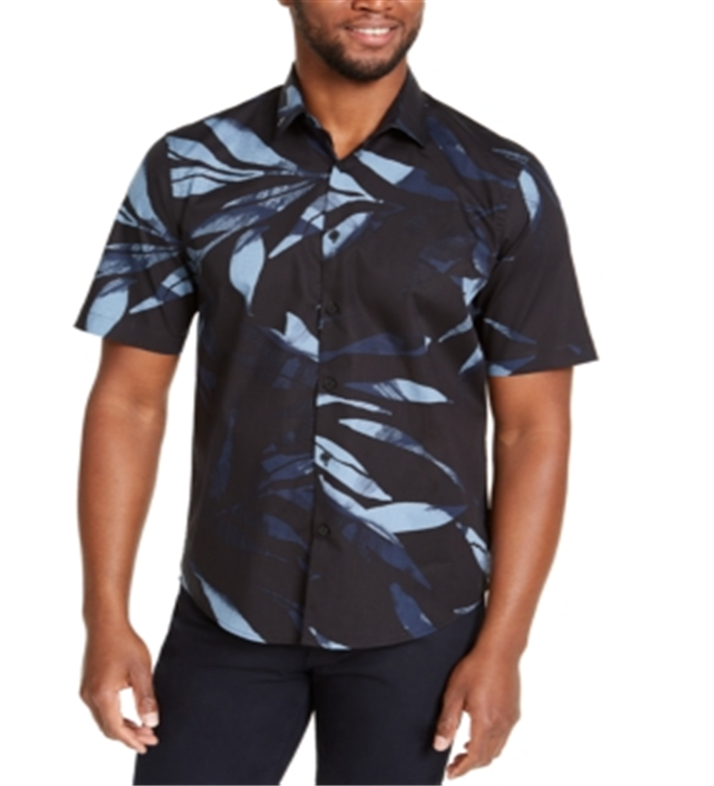 Camisa Alfani Masculina Estampada de Folhas Preta Tamanho P