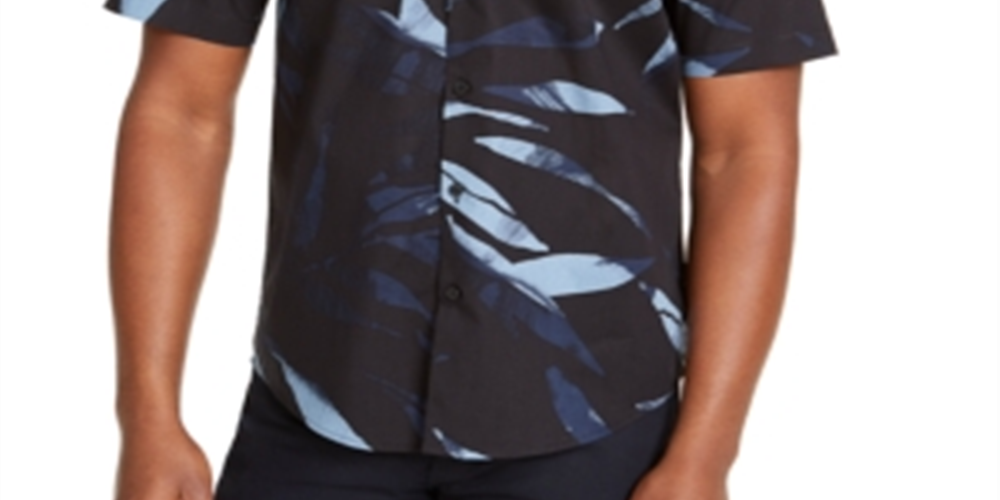 Camisa Alfani Masculina Estampada de Folhas Preta Tamanho P