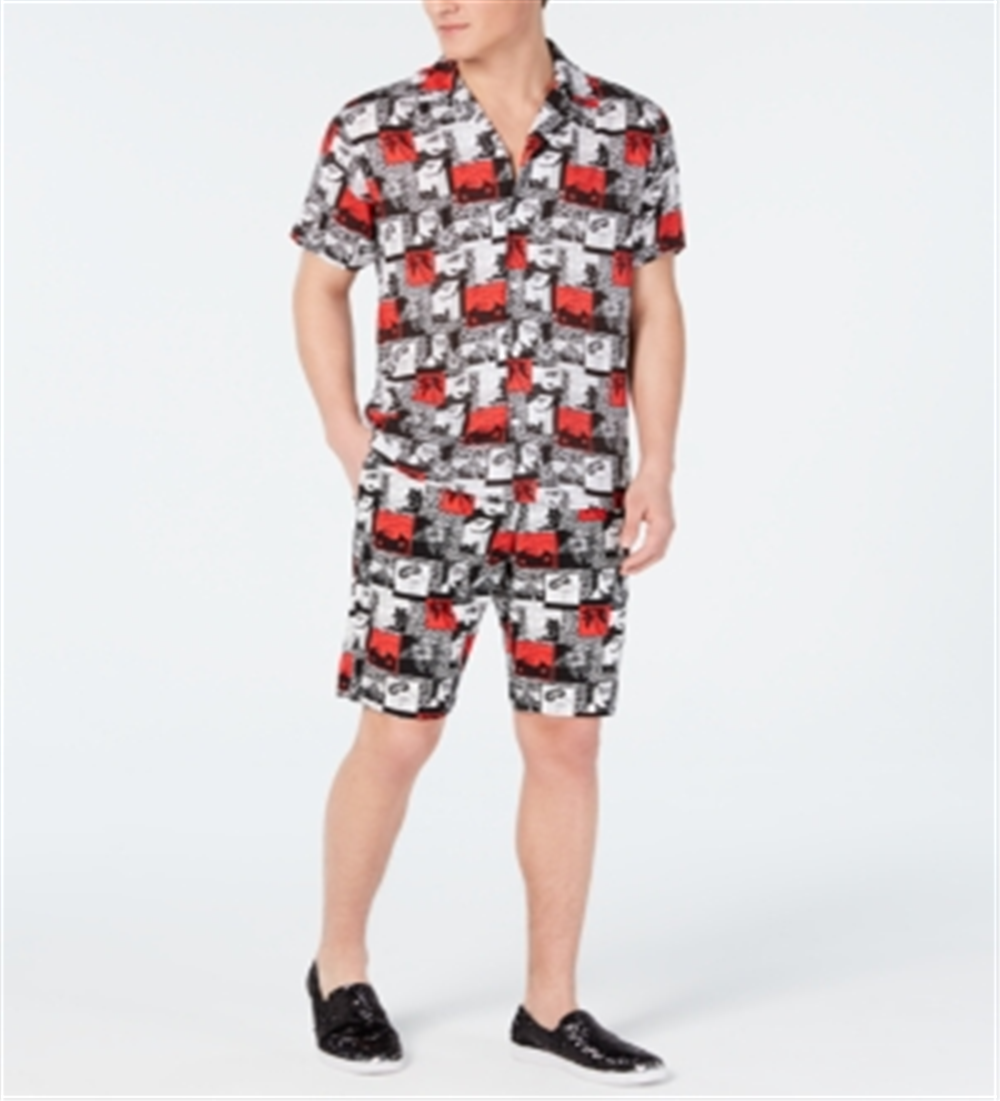 Camisa masculina de manga curta com botões e estampa gráfica INC International Concepts, branca, tamanho XXX-G