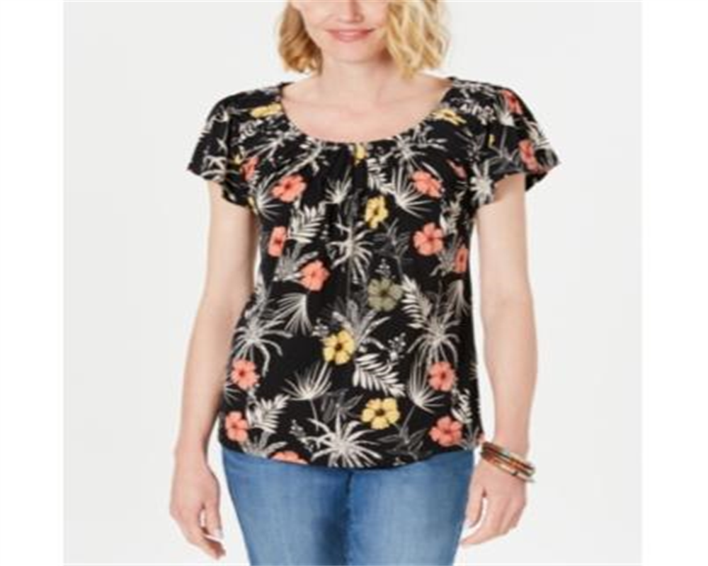 Camiseta feminina estampada de manga curta e decote redondo, estilo &amp; co, preta, tamanho pequeno