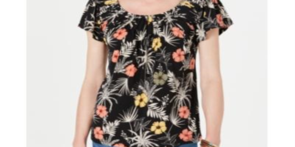 Camiseta feminina estampada de manga curta e decote redondo, estilo &amp; co, preta, tamanho pequeno