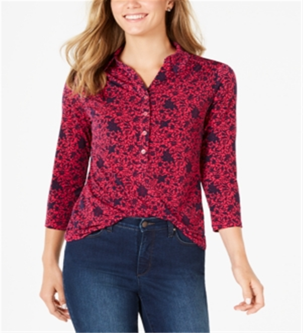 Camisa polo feminina Charter Club com estampa de manga 3/4, rosa, tamanho médio