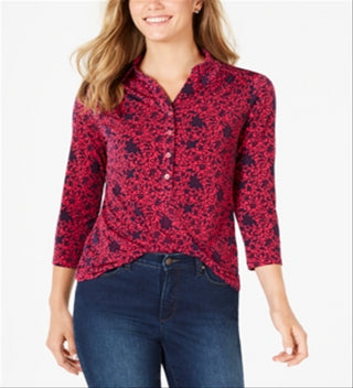 Camisa polo feminina Charter Club com estampa de manga 3/4, rosa, tamanho médio