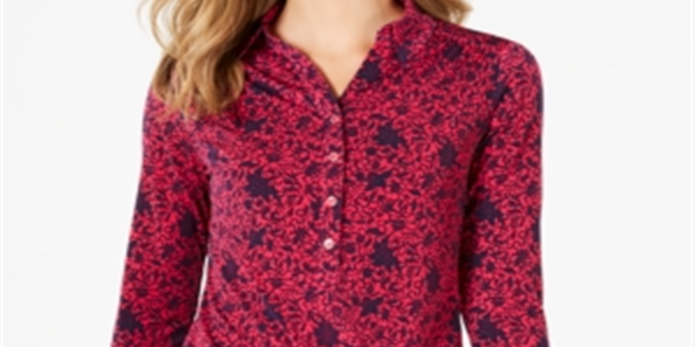Camisa polo feminina Charter Club com estampa de manga 3/4, rosa, tamanho médio