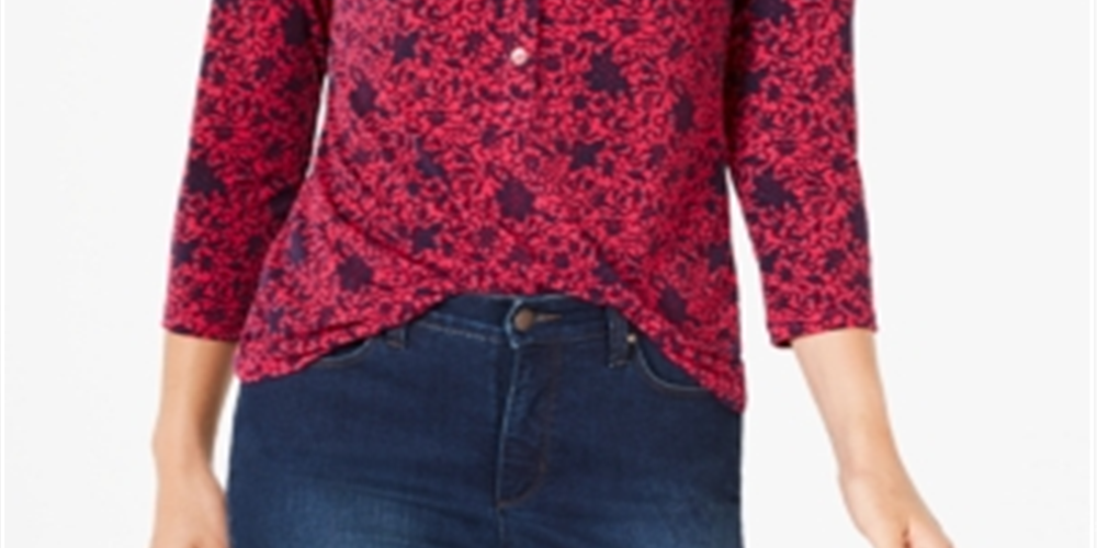 Camisa polo feminina Charter Club com estampa de manga 3/4, rosa, tamanho médio