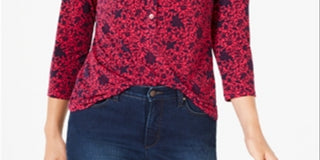 Camisa polo feminina Charter Club com estampa de manga 3/4, rosa, tamanho médio