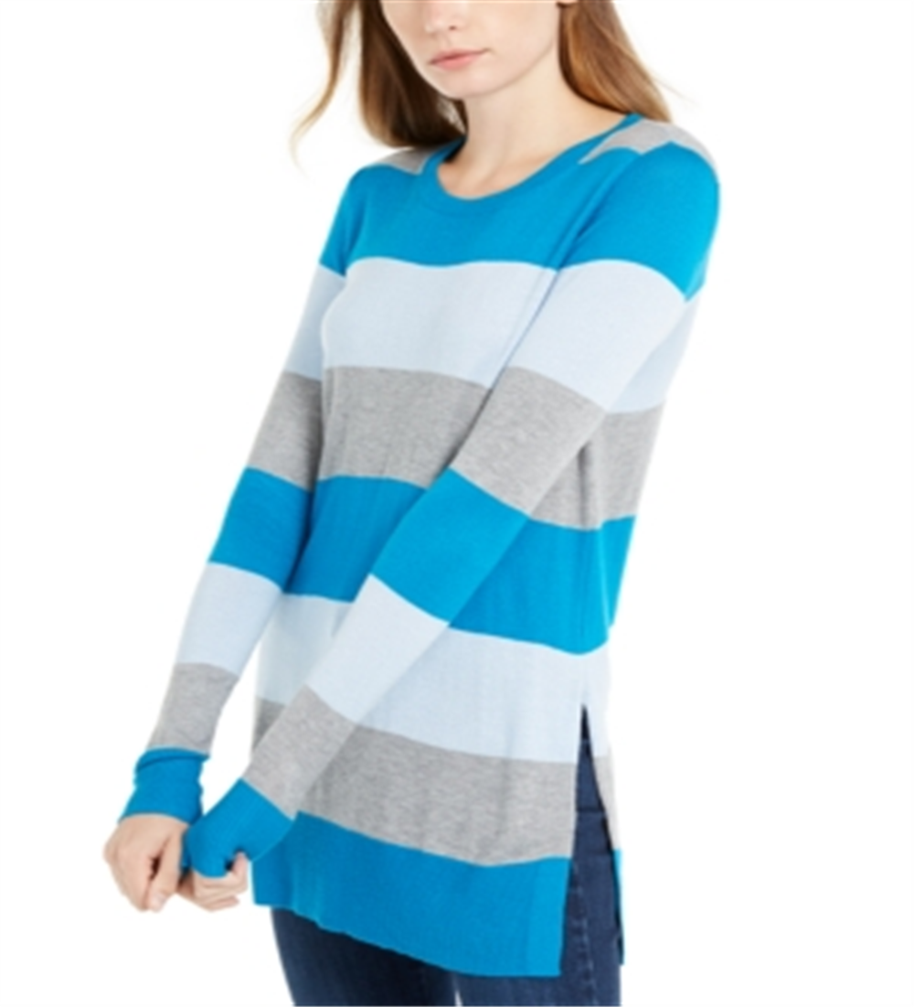 Camiseta feminina Maison Jules com estampa de blocos de cores, manga comprida, gola redonda, verde, tamanho pequeno
