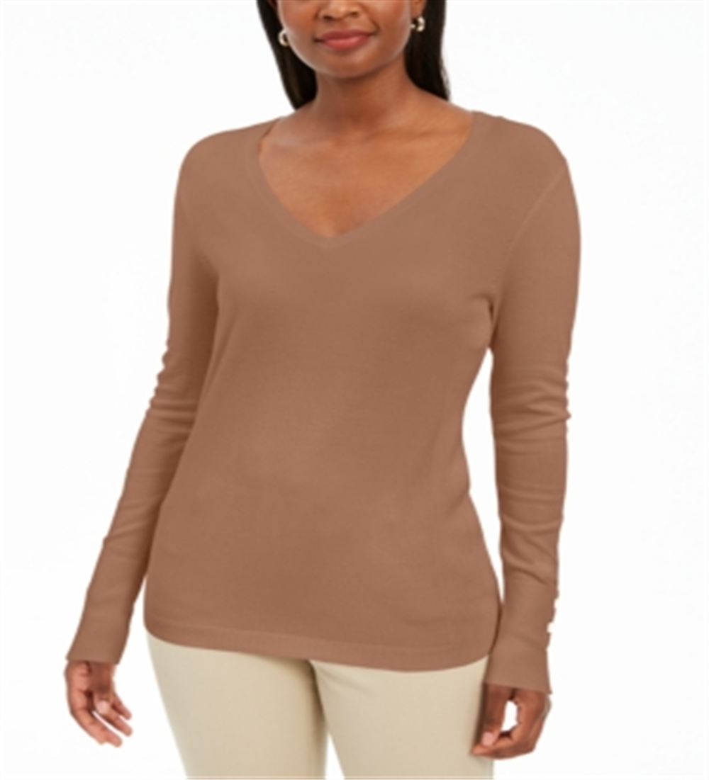 JM Collection Suéter feminino com decote em V e mangas enfeitadas, marrom, tamanho X-S