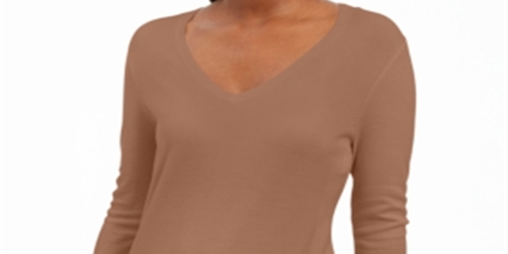 JM Collection Suéter feminino com decote em V e mangas enfeitadas, marrom, tamanho X-S