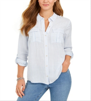 Camisa feminina listrada texturizada com botões Charter Club, azul, tamanho XX-G