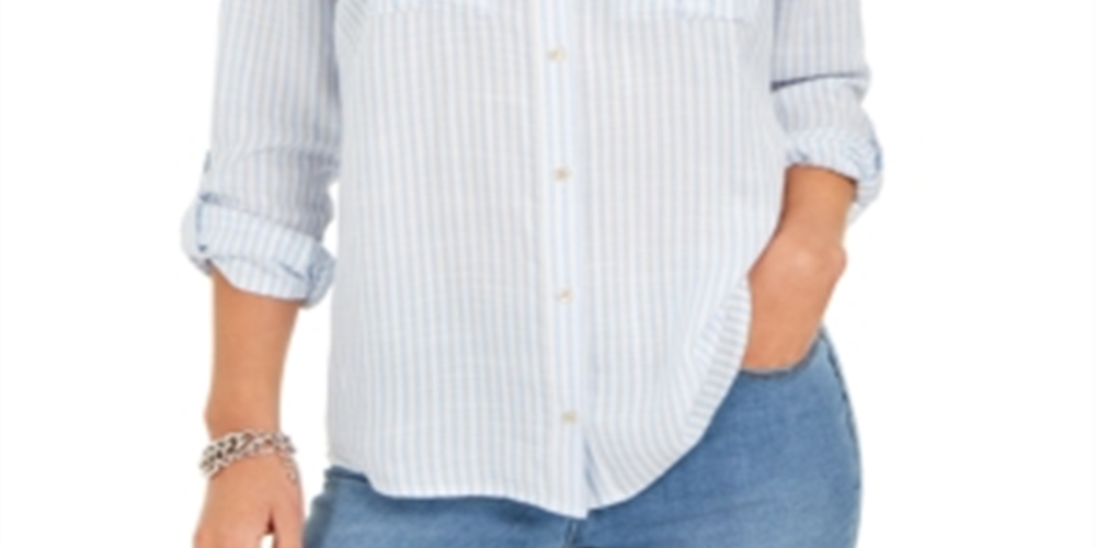 Camisa feminina listrada texturizada com botões Charter Club, azul, tamanho XX-G