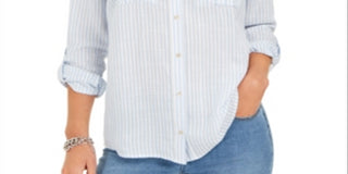 Camisa feminina listrada texturizada com botões Charter Club, azul, tamanho XX-G