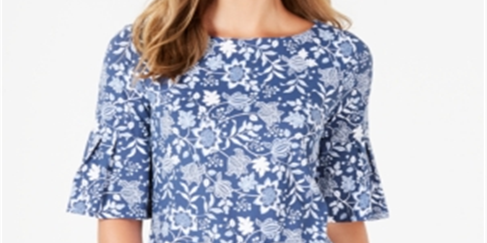 Charter Club Top feminino estampado com manga sino, tamanho pequeno, azul, tamanho grande