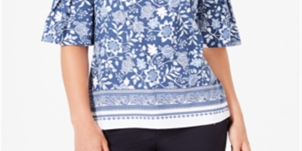 Charter Club Top feminino estampado com manga sino, tamanho pequeno, azul, tamanho grande