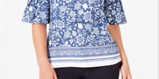 Charter Club Top feminino estampado com manga sino, tamanho pequeno, azul, tamanho grande