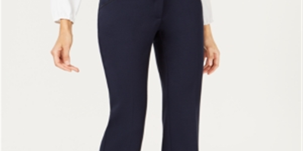 Calça feminina Alfani com acabamento em couro sintético e perna larga, azul, tamanho 8, pequena