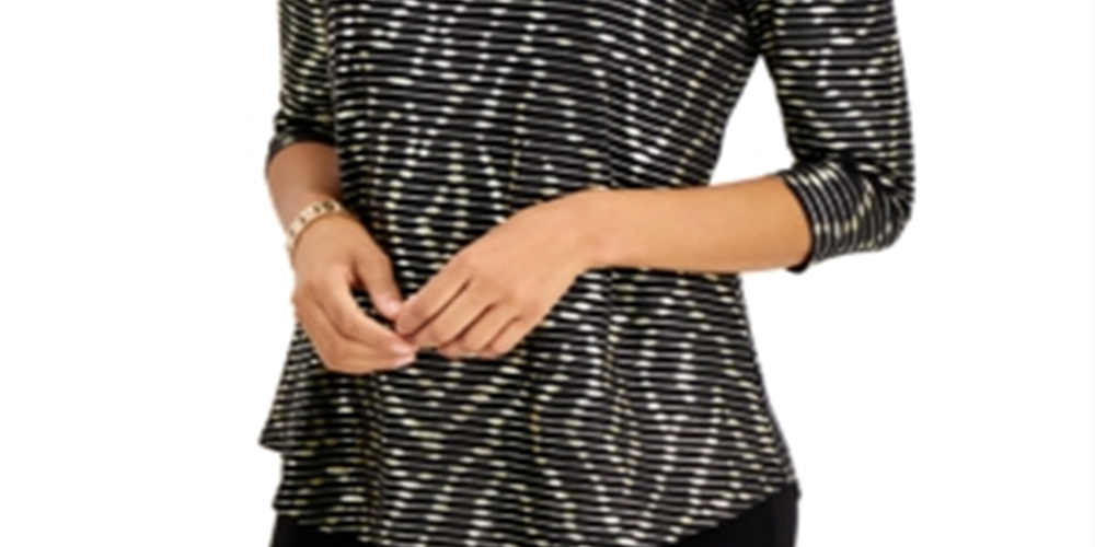 JM Collection Blusa feminina listrada com ombros descobertos, preta, tamanho médio