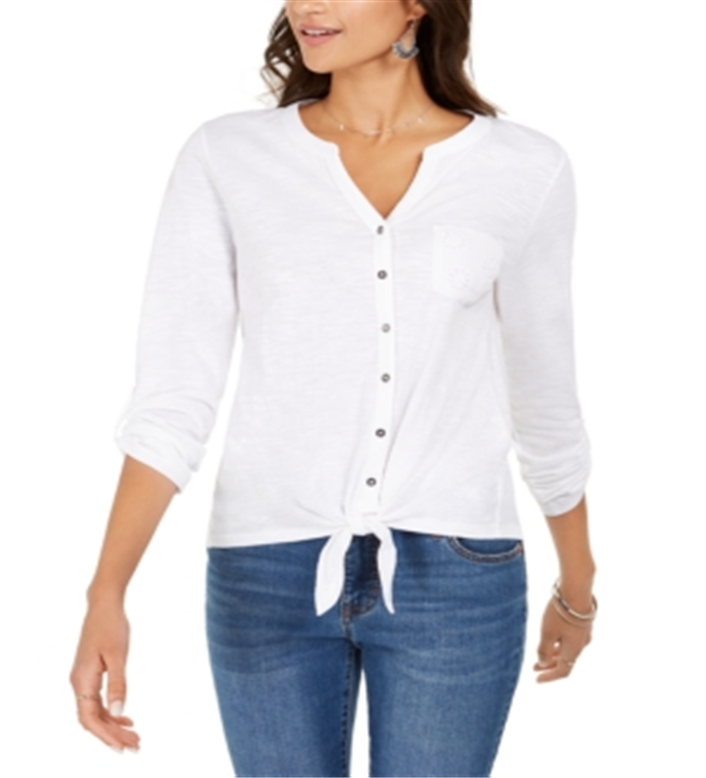 Camisa feminina de algodão bordada com bainha amarrada, tamanho pequeno XL, branca, estilo &amp; co