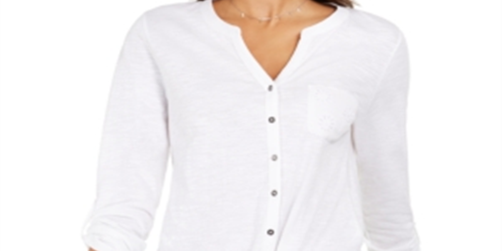 Camisa feminina de algodão bordada com bainha amarrada, tamanho pequeno XL, branca, estilo &amp; co