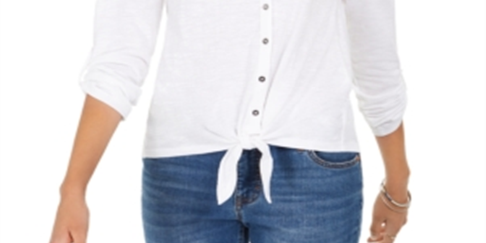 Camisa feminina de algodão bordada com bainha amarrada, tamanho pequeno XL, branca, estilo &amp; co