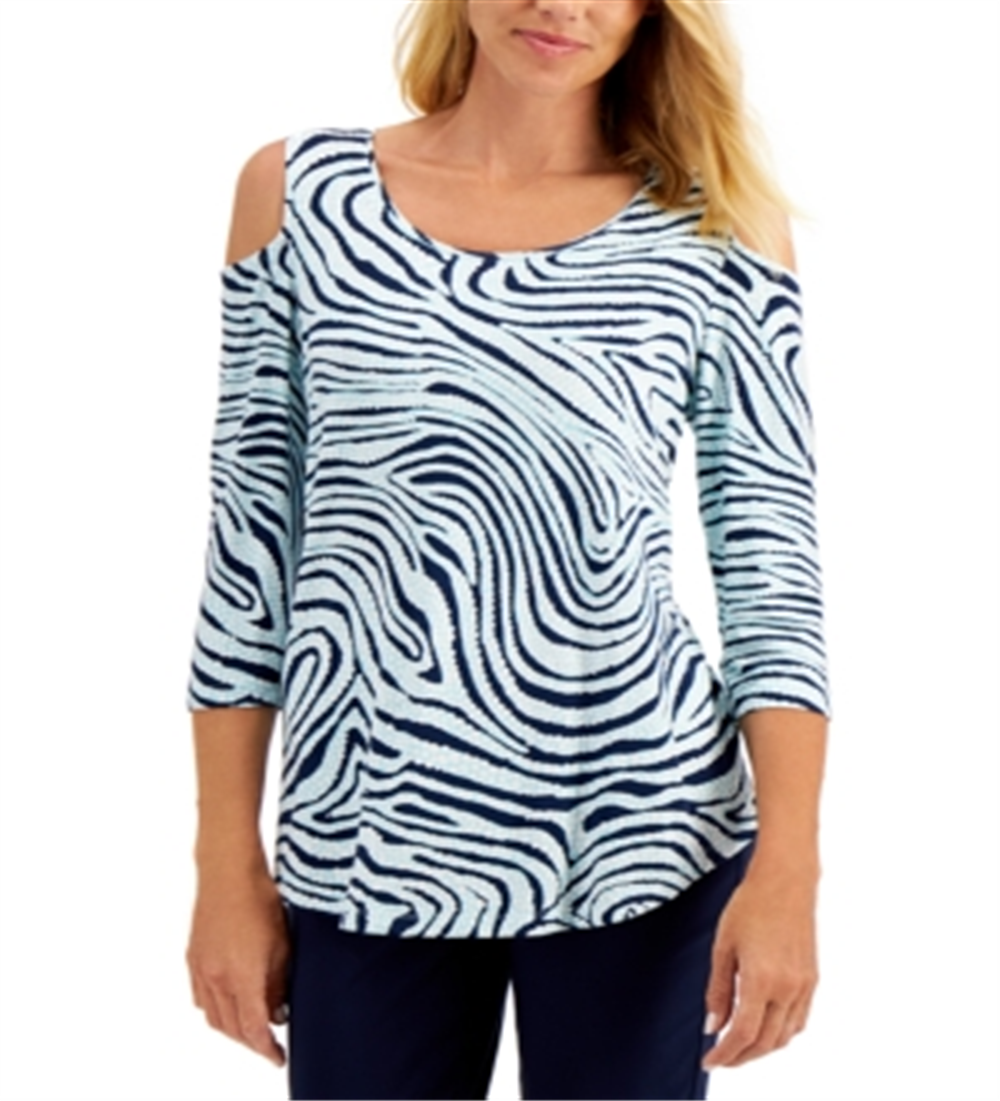 Blusa feminina com estampa de zebra e ombros descobertos, azul, tamanho X-S