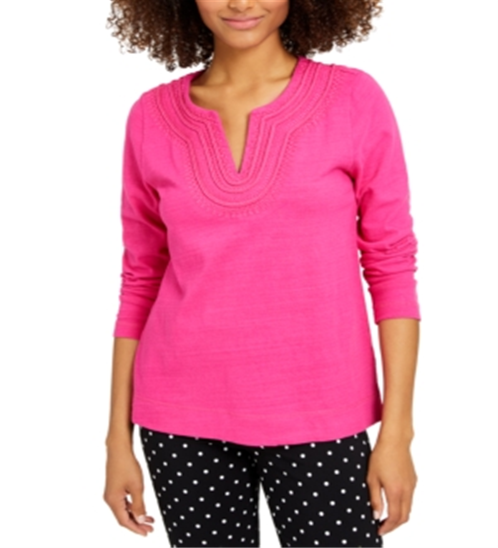 Camiseta feminina bordada de algodão Charter Club, rosa, tamanho X-S