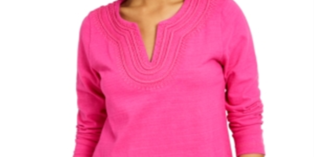 Camiseta feminina bordada de algodão Charter Club, rosa, tamanho X-S