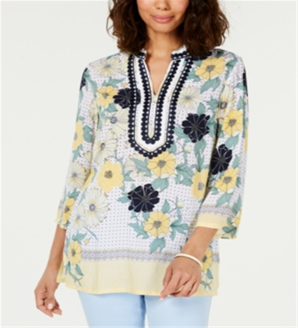 Túnica feminina Charter Club com estampa bordada e gola dividida, tamanho grande, amarela