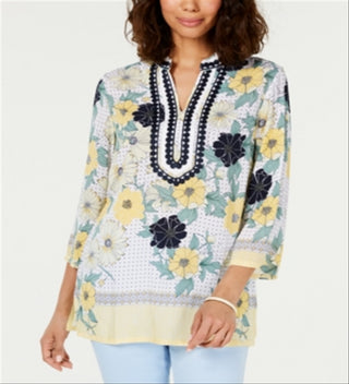 Túnica feminina Charter Club com estampa bordada e gola dividida, tamanho grande, amarela