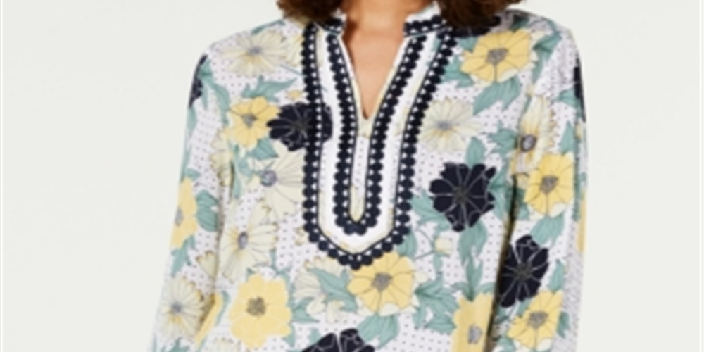 Túnica feminina Charter Club com estampa bordada e gola dividida, tamanho grande, amarela