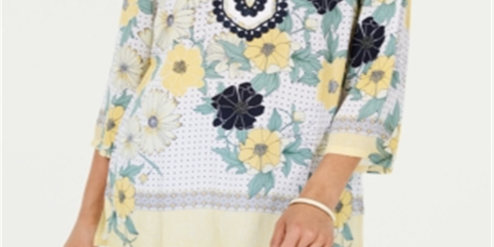 Túnica feminina Charter Club com estampa bordada e gola dividida, tamanho grande, amarela