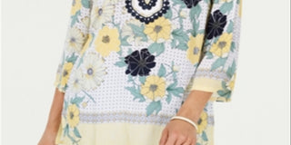 Túnica feminina Charter Club com estampa bordada e gola dividida, tamanho grande, amarela