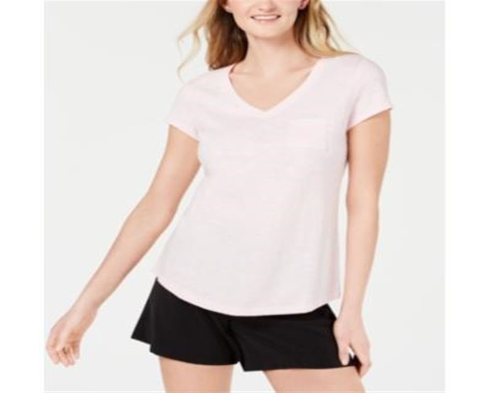 Camiseta feminina Maison Jules com decote em V e bolso aplicado, rosa, tamanho grande