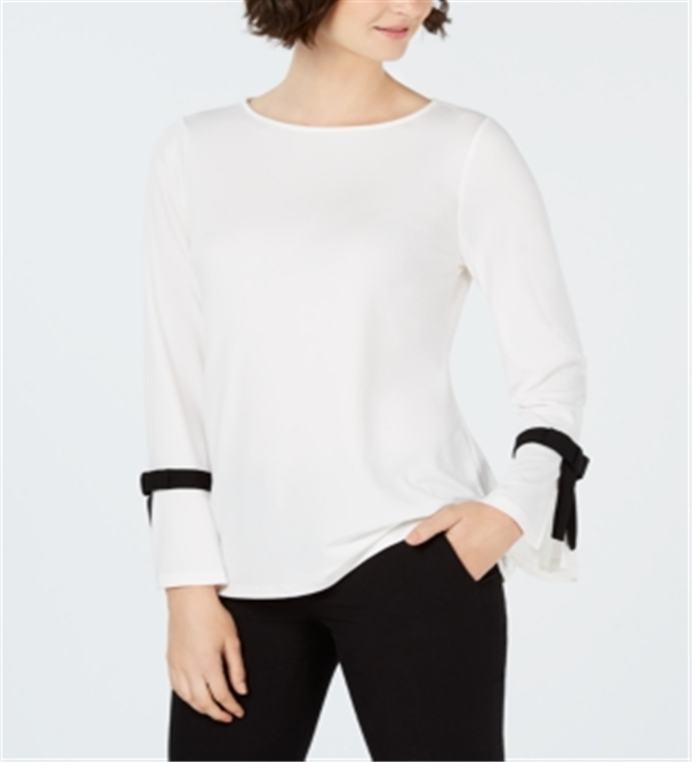Blusa de crepe feminina Charter Club com manga amarrada, branca, tamanho pequeno