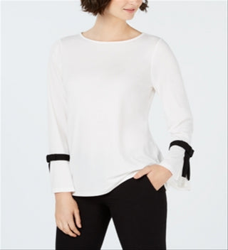 Blusa de crepe feminina Charter Club com manga amarrada, branca, tamanho pequeno