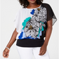 Top feminino estampado com bainha e faixa JM Collection, preto, tamanho pequeno