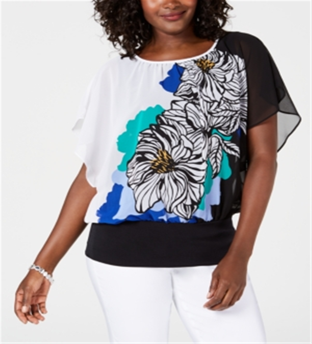 Top feminino estampado com bainha e faixa JM Collection, preto, tamanho pequeno