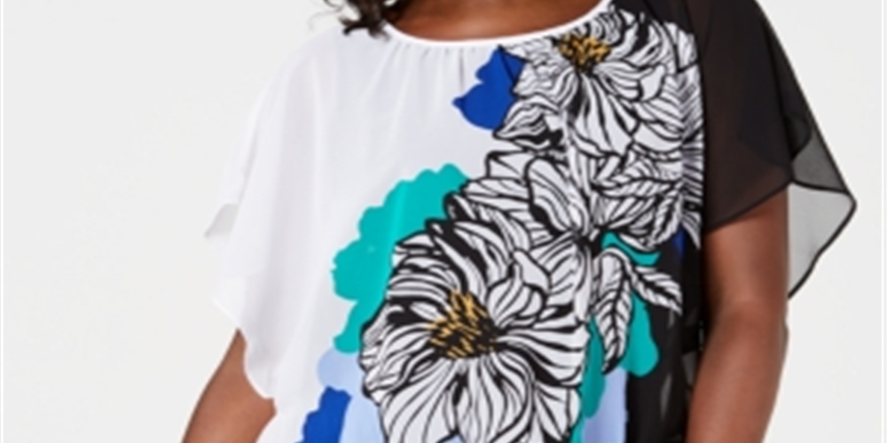 Top feminino estampado com bainha e faixa JM Collection, preto, tamanho pequeno