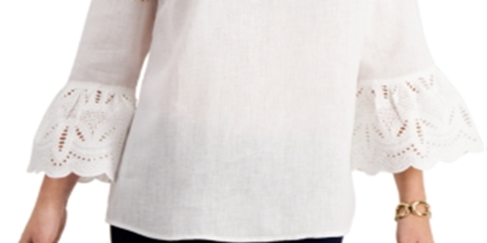 Charter Club Blusa feminina com manga sino e ilhós, branca, tamanho médio