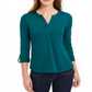 Top feminino Charter Club com manga 3/4 e decote em V, verde, tamanho extragrande