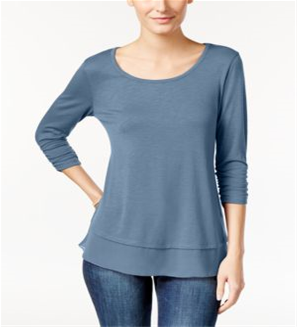 Blusa de malha feminina estilo Slub com mangas três quartos, azul, tamanho médio