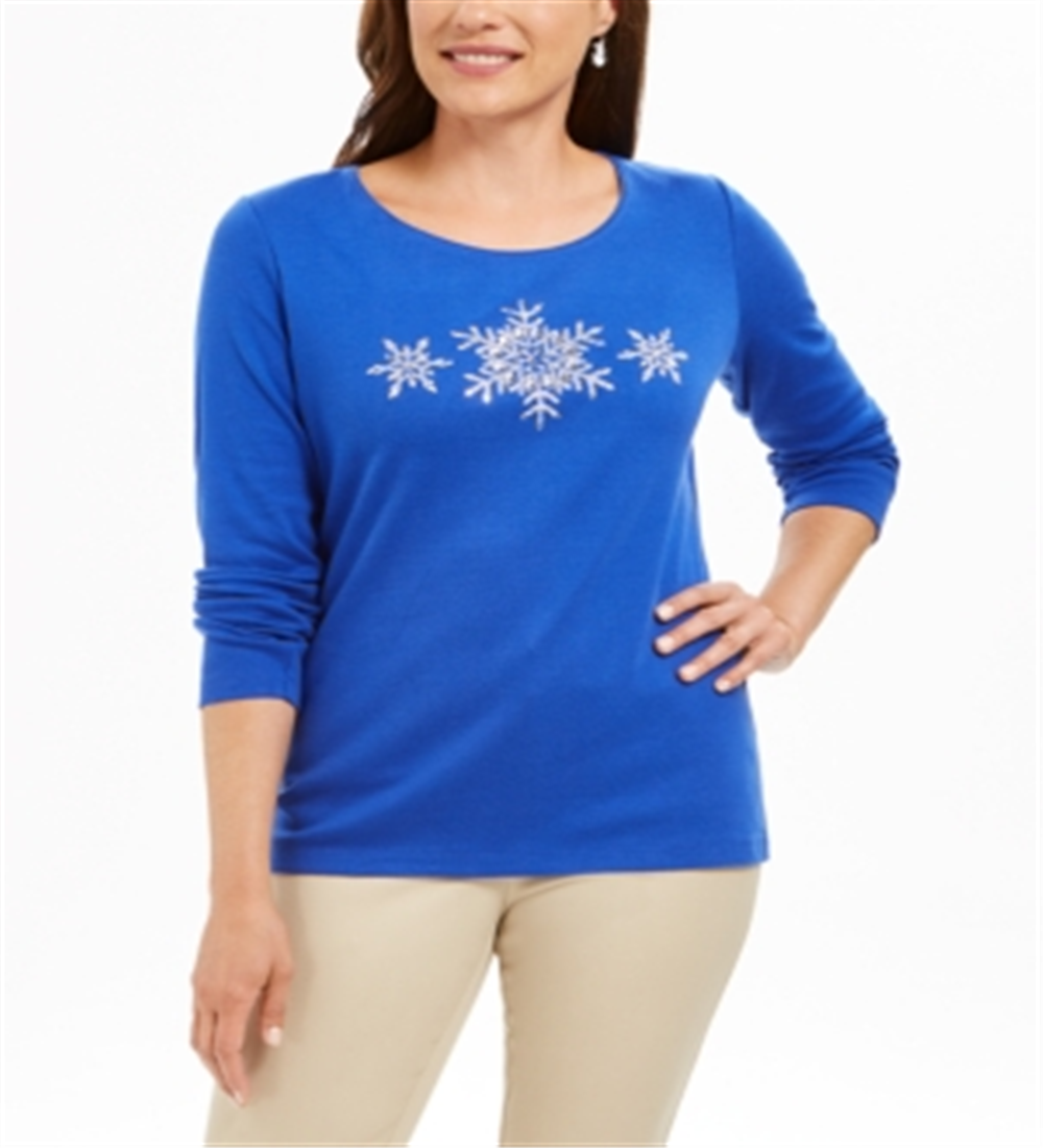 Blusa feminina Karen Scott de algodão com glitter e floco de neve, azul, tamanho extragrande