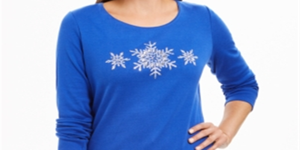 Blusa feminina Karen Scott de algodão com glitter e floco de neve, azul, tamanho extragrande