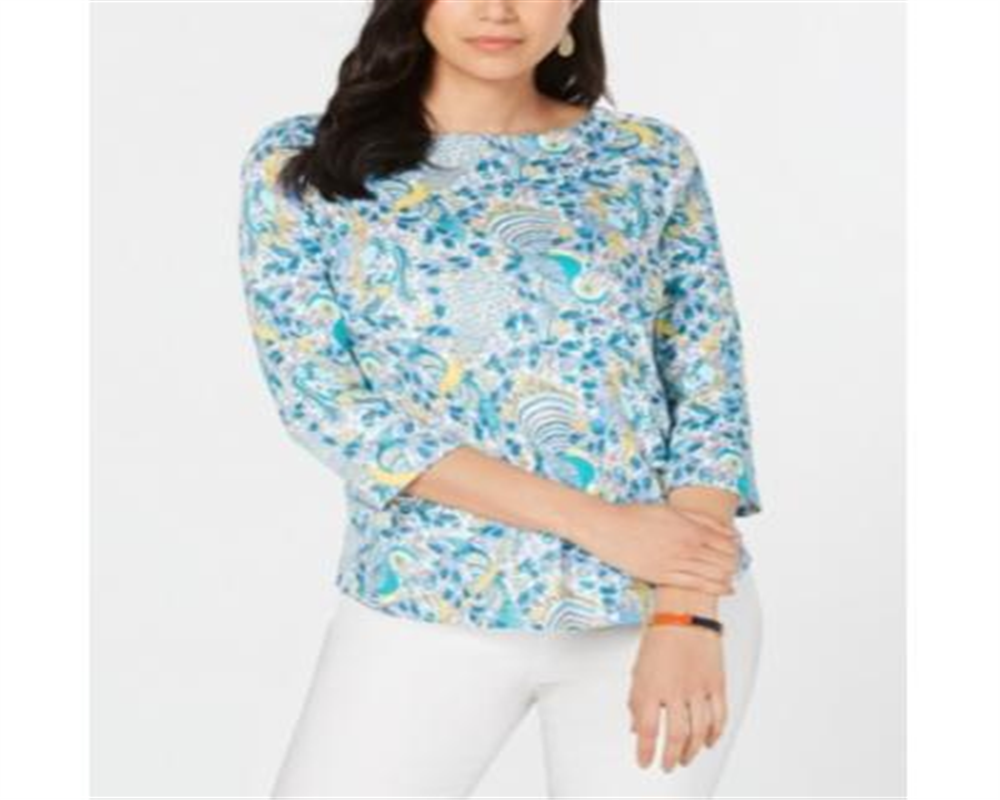 Charter Club Blusa feminina de algodão pima com estampa de gola canoa, azul, tamanho médio