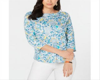 Charter Club Blusa feminina de algodão pima com estampa de gola canoa, azul, tamanho médio