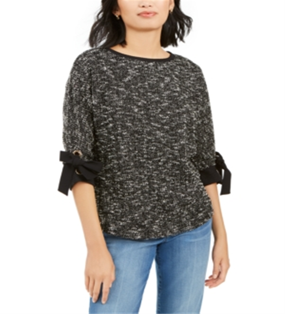 Top feminino Charter Club com manga 3/4 e acabamento em laço, preto, tamanho extragrande