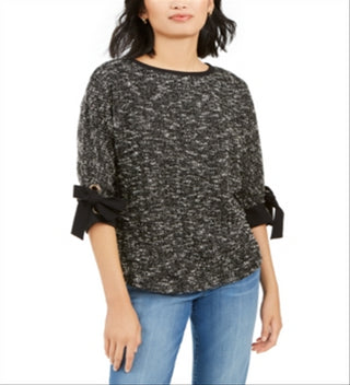 Top feminino Charter Club com manga 3/4 e acabamento em laço, preto, tamanho extragrande