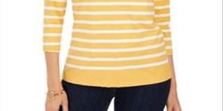 Blusa feminina listrada e com estampa floral Charter Club, amarela, tamanho grande